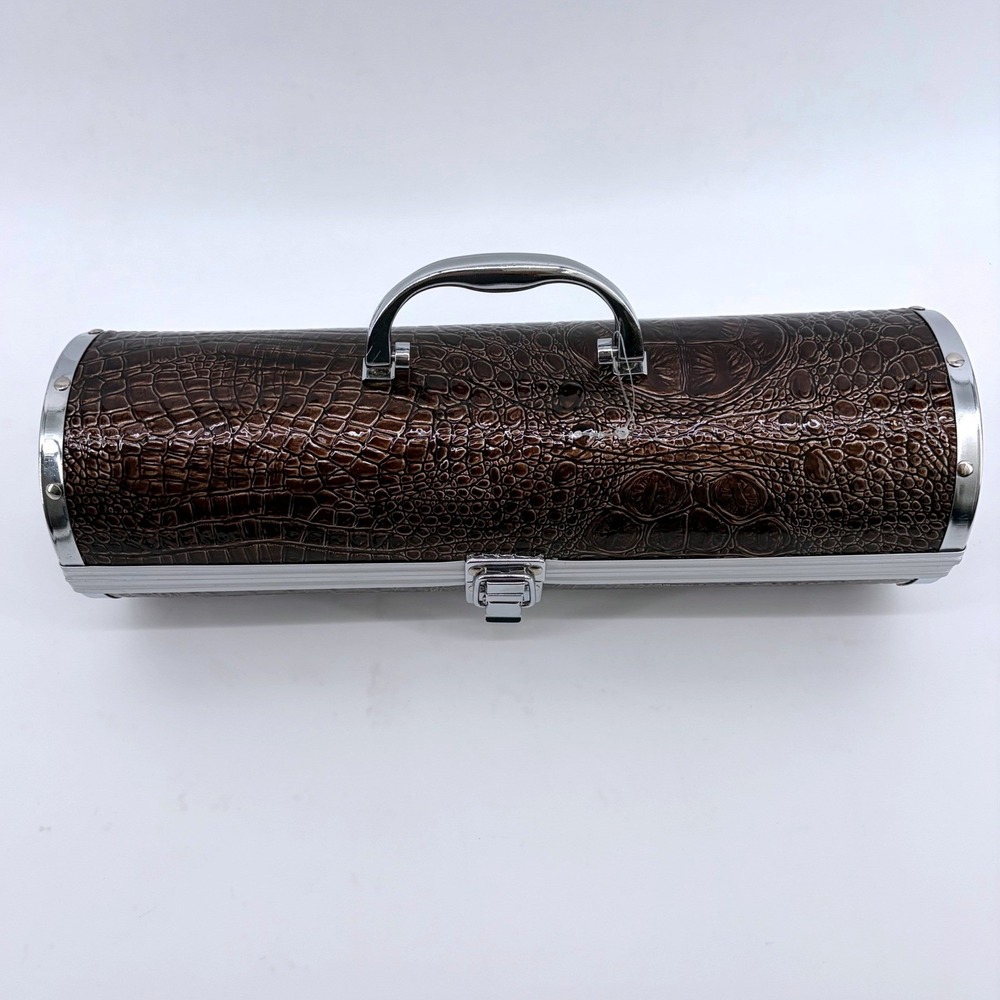 Brown Croc Embossed Cylindrical Hard Shell Wine Bottle Caddy - Case, Silver Trim